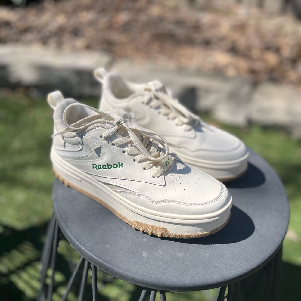Reebok Cream Platform Sneakers with Green Logo and Gum Outsole